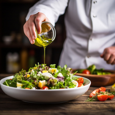 Chef adds a drizzle of olive oil to enhance a fresh salad