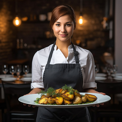 Skilled female chef showcases an enticing culinary creation