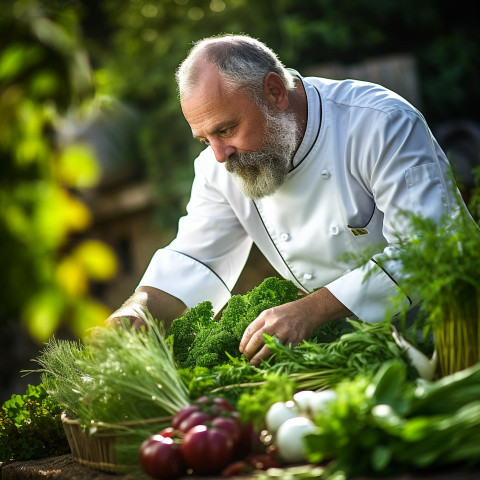 Cook gathers fresh homegrown herbs