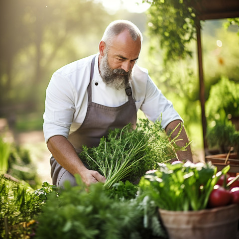 Cook gathers fresh homegrown herbs