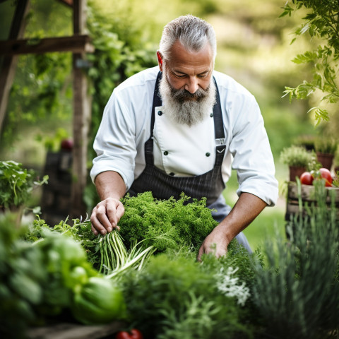 Cook gathers fresh homegrown herbs