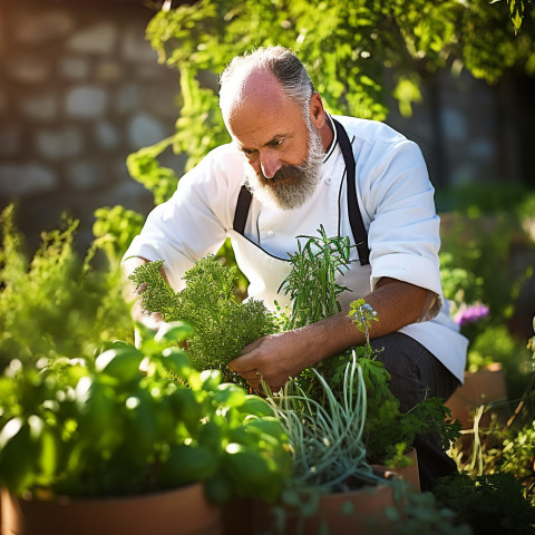 Cook gathers fresh homegrown herbs