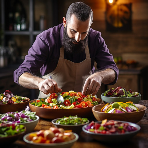 Talented chef artfully arranges a vibrant salad