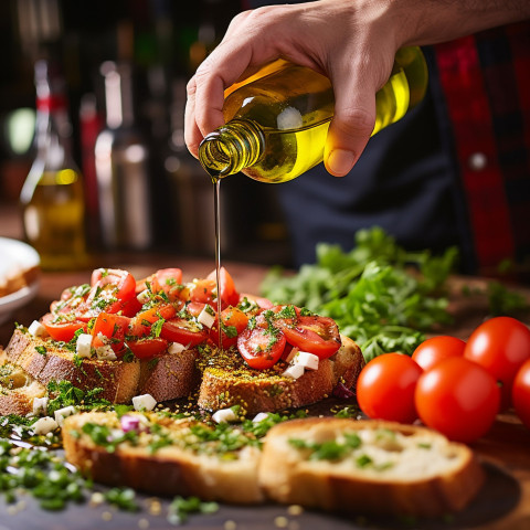 Chef finishes bruschetta with a drizzle of olive oil