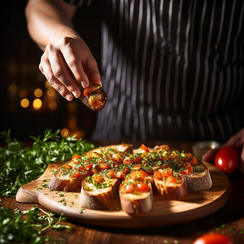 Chef finishes bruschetta with a drizzle of olive oil