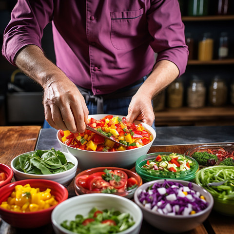 Talented chef artfully arranges a vibrant salad