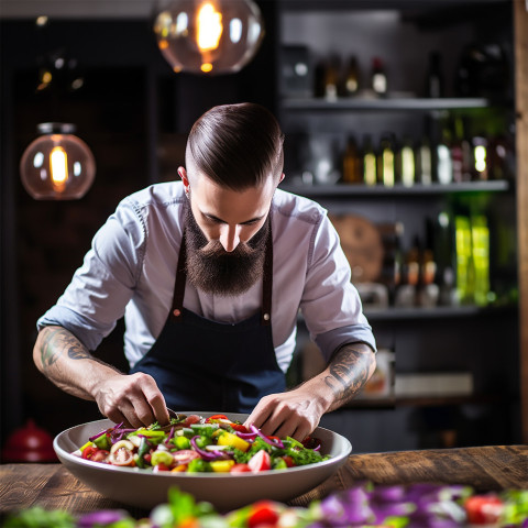 Talented chef artfully arranges a vibrant salad