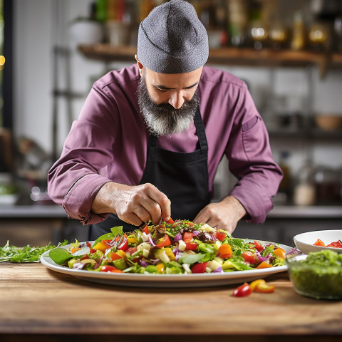 Talented chef artfully arranges a vibrant salad