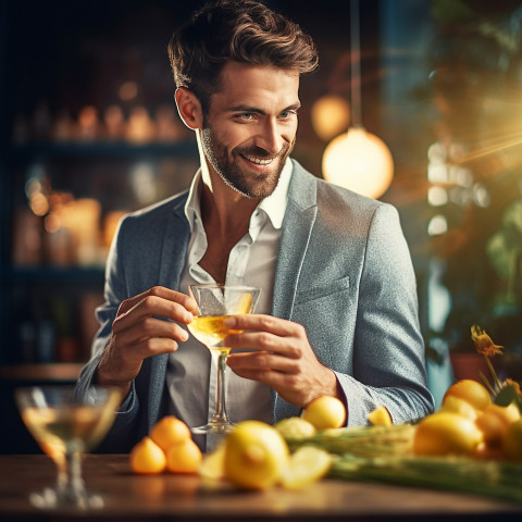 Stylish man adds a citrus twist to his cocktail