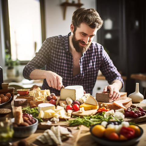 Skilled chef artfully arranges a delicious cheeseboard