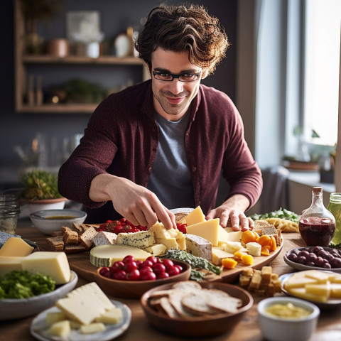 Skilled chef artfully arranges a delicious cheeseboard