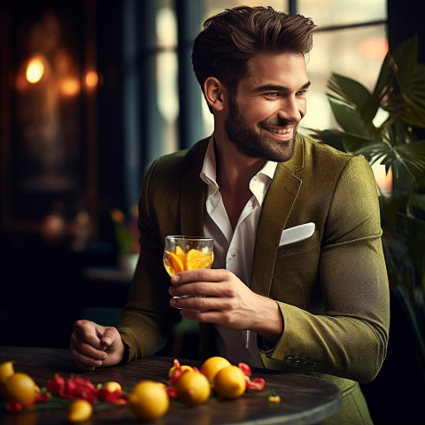 Stylish man adds a citrus twist to his cocktail