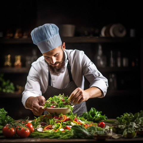 Skilled chef carefully garnishes a fresh salad with fragrant herbs