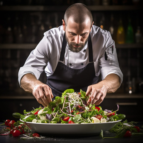 Skilled chef carefully garnishes a fresh salad with fragrant herbs