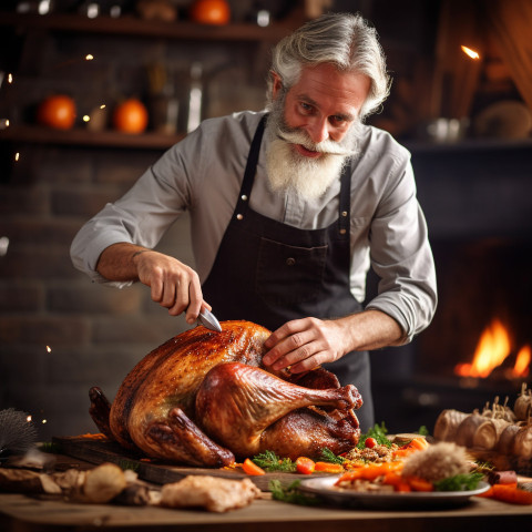 Expert chef expertly slicing a cooked turkey