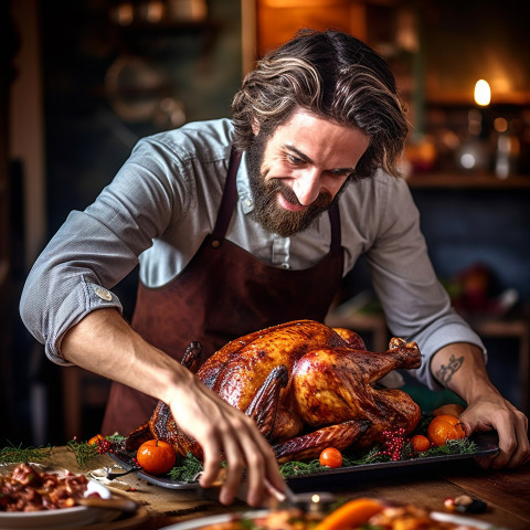 Expert chef expertly slicing a cooked turkey