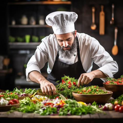 Skilled chef carefully garnishes a fresh salad with fragrant herbs