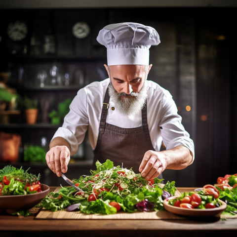 Skilled chef carefully garnishes a fresh salad with fragrant herbs