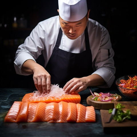 Skilled chef expertly preparing sashimi