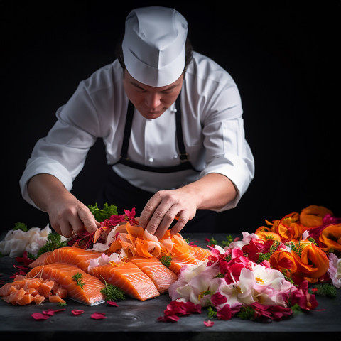 Skilled chef expertly preparing sashimi