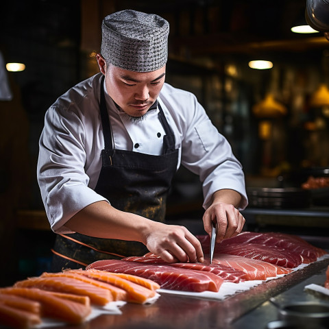 Skilled chef expertly preparing sashimi