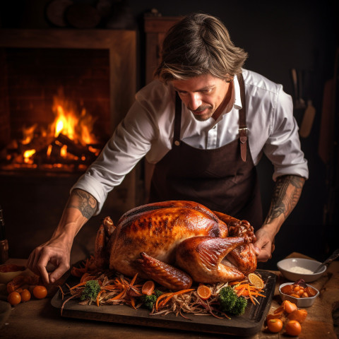 Expert chef expertly slicing a cooked turkey