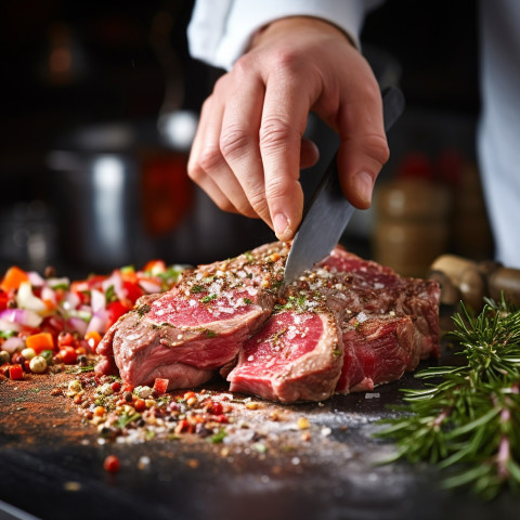 Experienced cook prepares a juicy steak in a professional kitchen