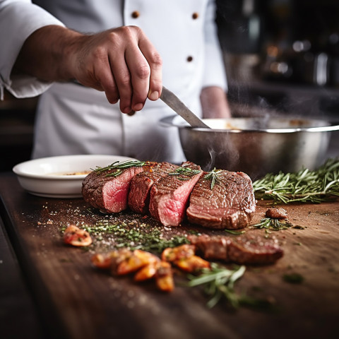 Experienced cook prepares a juicy steak in a professional kitchen