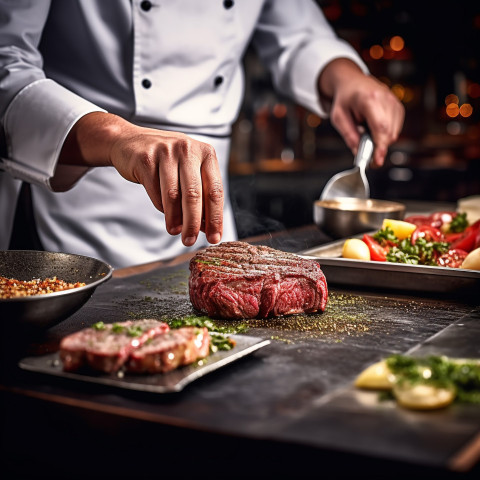 Experienced cook prepares a juicy steak in a professional kitchen