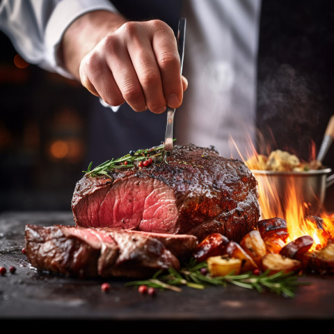 Skilled chef perfectly grilling a delicious steak