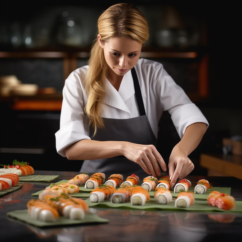 Skilled female chef expertly crafts sushi rolls