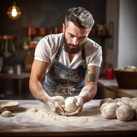 Handsome baker prepares homemade artisan bread