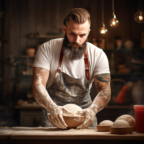 Handsome baker prepares homemade artisan bread