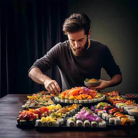 Skilled sushi chef expertly arranges sushi on a slate plate