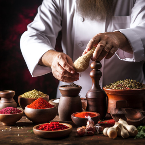 Chef grinds spices with mortar and pestle