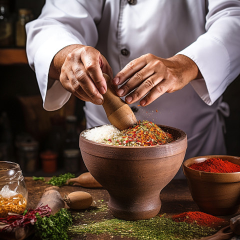 Chef grinds spices with mortar and pestle