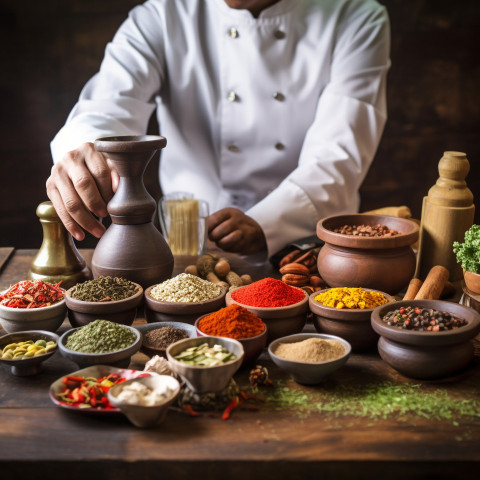 Chef grinds spices with mortar and pestle