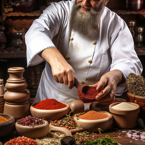 Chef grinds spices with mortar and pestle