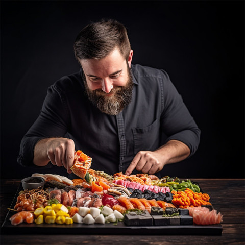 Skilled sushi chef expertly arranges sushi on a slate plate