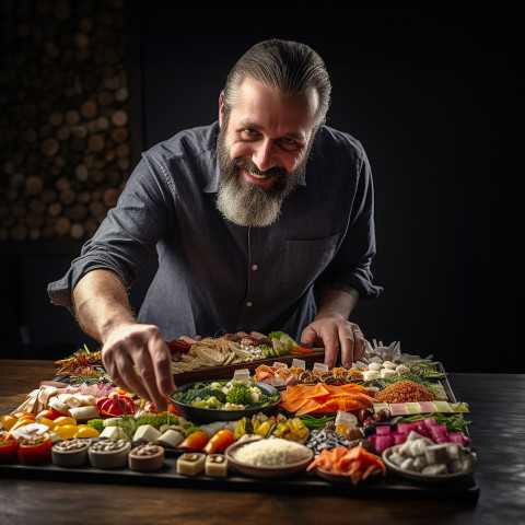 Skilled sushi chef expertly arranges sushi on a slate plate