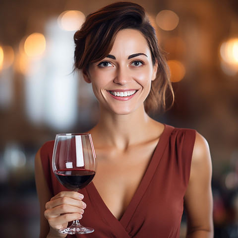 Happy woman savors wine flavors at a tasting event