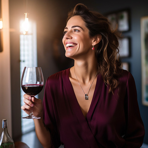 Happy woman savors wine flavors at a tasting event