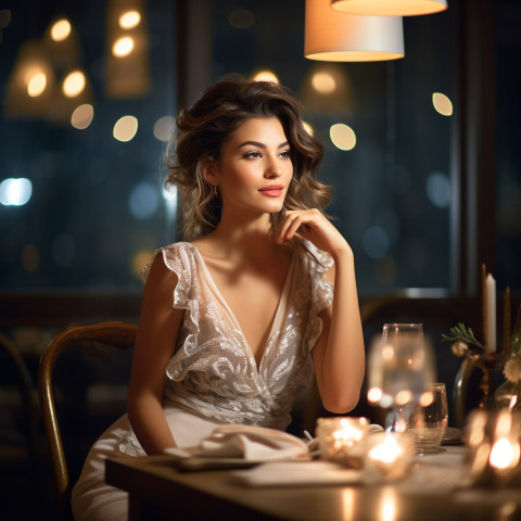 Elegant woman enjoys upscale dining in a stylish dress