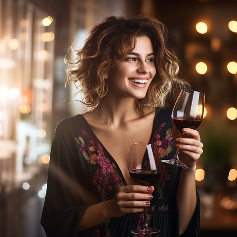 Happy woman savors wine flavors at a tasting event