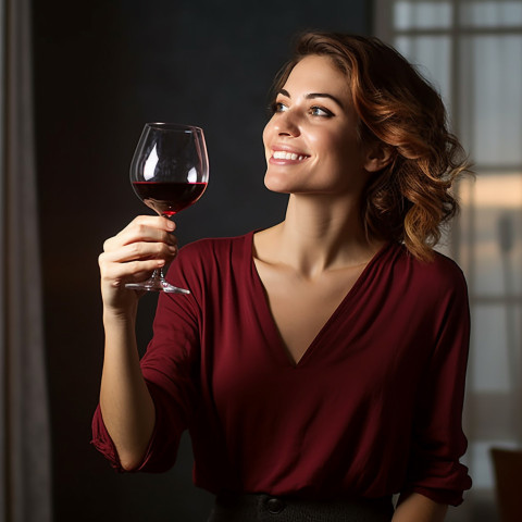 Smiling woman celebrating with a glass of exquisite red wine