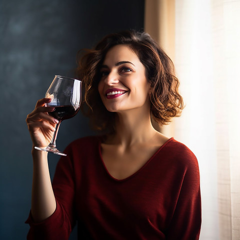 Smiling woman celebrating with a glass of exquisite red wine