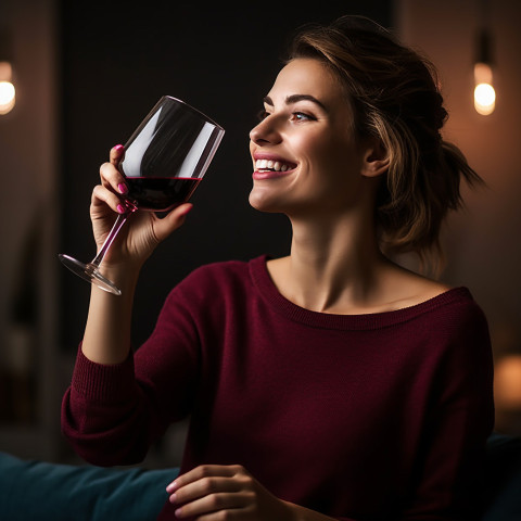 Smiling woman celebrating with a glass of exquisite red wine