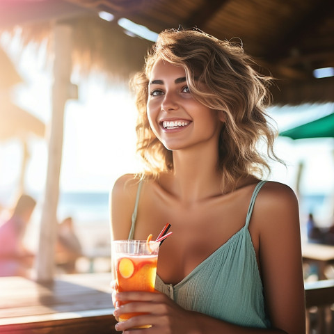 Elegant lady enjoying a refreshing drink at a seaside bar