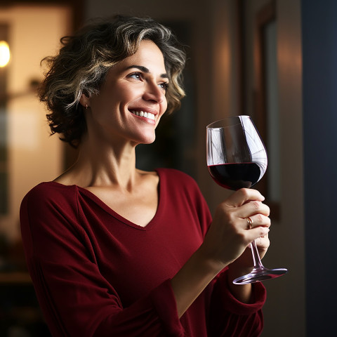 Smiling woman celebrating with a glass of exquisite red wine