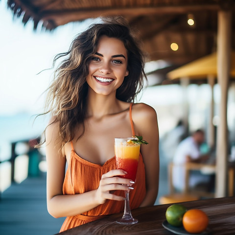 Elegant lady enjoying a refreshing drink at a seaside bar